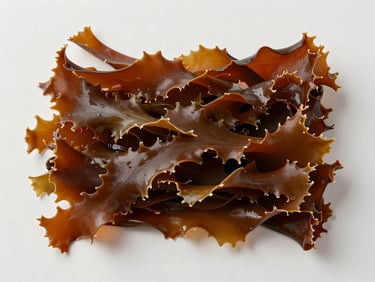 Overhead flat-lay of freshly harvested raw Gracilaria seaweed spread across a pale neutral surface, bright diffused studio light revealing reddish-brown frond texture, no shadows, clinical clarity