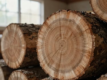 Extreme close-up of raw old-growth oak log showing tight growth rings, soft side lighting, architectural detail