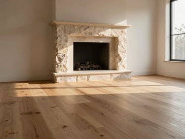 Clean architectural transition between wide-plank oak flooring and custom stone hearth, low-angle golden hour light
