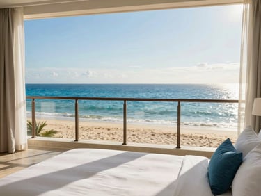 Luxurious hotel suite with a private balcony overlooking a pristine beach, bright natural daylight, rich saturated blues and whites.