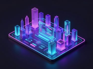 Isometric 3D render of a glowing holographic dashboard showing city metrics, purple and cyan neon wireframes