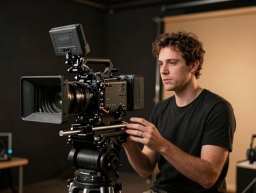 Behind-the-scenes production still, a high-end cinema camera focused on an intense interview subject in a dark studio, warm amber backlight