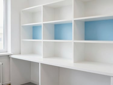 Bureau moderne et rangé, surfaces propres, lumière vive, tons blancs et bleus.