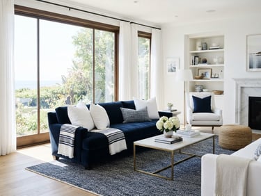 Sun-drenched, immaculate luxury living room, perfectly organized, with crisp white linens and deep navy accents, natural light streaming through large windows.