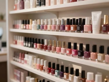 A tidy display shelf in a boutique beauty salon holding elegant bottles of nail polish and premium skincare products, soft golden hour lighting.