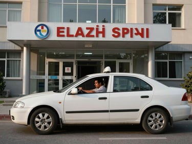 Wide environmental shot of a taxi parked outside a hospital entrance in Elazığ, late afternoon daylight, driver beside the vehicle waiting, no patients visible, honest documentary tone