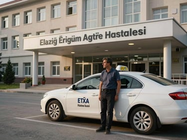A taxi cab waiting at the entrance of Elazığ Eğitim Araştırma Hastanesi, driver standing beside vehicle, morning light, wide shot showing hospital facade in background