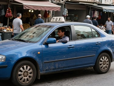 Medium shot of a blue taxi cab parked on a busy Elazığ city-centre street in daylight, market stalls visible in background, driver's door slightly open, documentary style