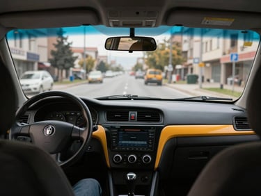 Close interior passenger-seat view of a taxi cab dashboard and windshield, Elazığ streets visible ahead through the glass, warm tungsten dashboard glow, documentary framing, no driver face visible