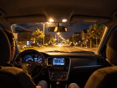 Interior view from taxi back seat at night, Elazığ street lights streaming past window, dashboard glow, honest tungsten interior light, passenger perspective