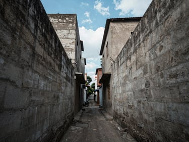 Wide-angle view down a narrow gap between two old concrete walls in a dense Salvador neighborhood, cool daylight from above, no people