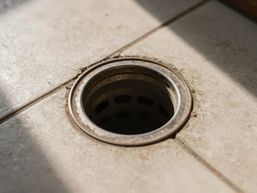 Overhead close-up of a drain opening in old tile floor, Amaralina building, natural afternoon light, dark gap visible, no people