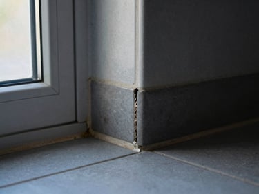 Extreme close-up of a dark kitchen baseboard gap at floor level, cool window light from the left, worn tile grout and a narrow crack where wall meets floor, no pests visible — only the entry point