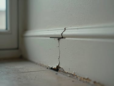 Extreme close-up of a cracked baseboard at floor level, old paint peeling, thin dark gap running horizontally, cool window light from the side, no people