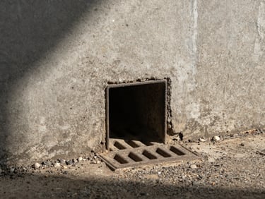 Close-up of a dark drain opening at the base of an old concrete wall, afternoon light casting a hard shadow across the drain grate, worn mortar visible around the edges, gritty urban texture