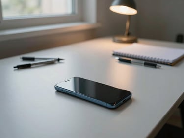 Wide shot of an empty desk surface in a quiet room, a single Android phone placed face-down to one side, desk lamp casting a warm pool of light on a notebook and a few pens, daylight visible through a window in the background, the scene calm and unoccupied — a workspace between sessions rather than staged for a photo