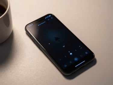 Android device on a desk beside a coffee cup, screen displaying a dark game interface with sparse UI elements, soft desk lamp light falling across the surface, no hands — the phone at rest between sessions