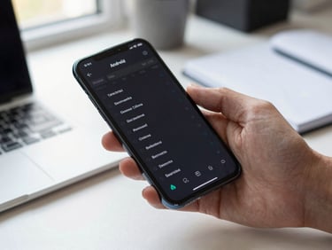 Hand holding an Android phone screen-side up over a workplace desk, dark interface visible with precise typographic hierarchy, daylight from a window to the left, keyboard and notebook softly out of focus in the background