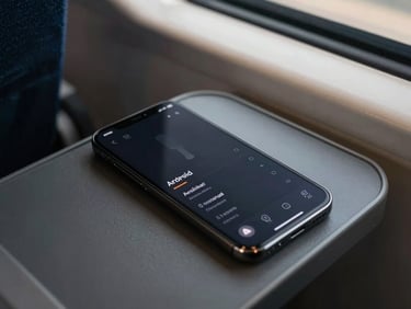 Android phone resting face-up on a transit seat, screen showing a dark minimal productivity app interface at actual scale, ambient indoor lighting from carriage windows, phone as one object among everyday commuter items