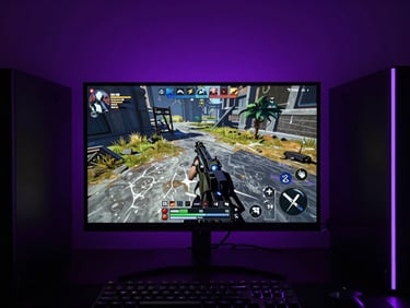 Moody gaming setup with neon RGB backlighting, showing a high-contrast tactical RPG gameplay screen, deep shadows, electric purple accents.