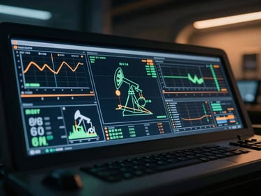 Cinematic close-up of a high-tech control room terminal displaying real-time oil flow telemetry and digital twin schematics, dramatic dark navy and amber lighting, shallow depth of field