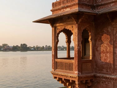 Traditional Rajasthani jharokha window balcony overlooking a calm lake at sunset, warm editorial photography