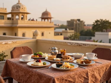 Rooftop terrace dining setup in Udaipur, fresh local breakfast spread, golden-hour sunlight, warm sandstone tones