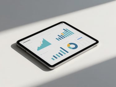 Minimalist workspace with a tablet showing polished analytics charts, clean shadows, elegant stationery, editorial feel.