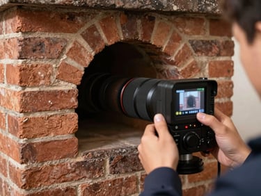 Technician's hands operating a video inspection camera feed, showing a clear view of a chimney flue interior, focused, technical, warm indoor light.