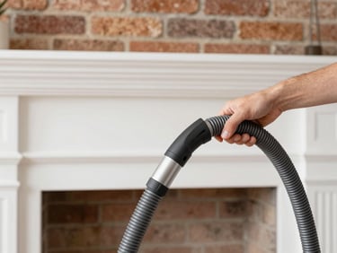 Close-up of a chimney sweep's hand holding a HEPA vacuum hose, pristine fireplace hearth in background, soft indoor light, charcoal and white tones.