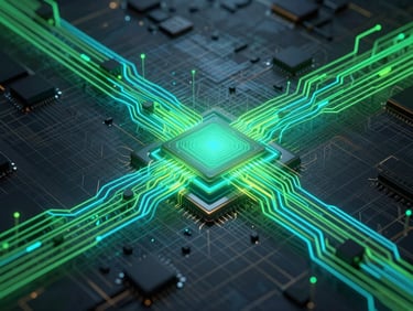 A high-fidelity 3D render of abstract system architecture, glowing neon green and cyan data flows tracing paths through a dark, grid-patterned microchip, sharp technical minimalism, low-key lighting