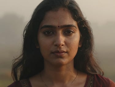 Close-up portrait of a South Asian woman with a serene expression, soft morning mist, rich earthy tones, shallow depth of field.