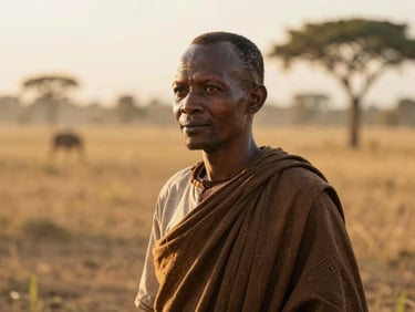Candid portrait of an East African pastor in a sun-drenched field, warm golden-hour natural light, authentic and humble look.