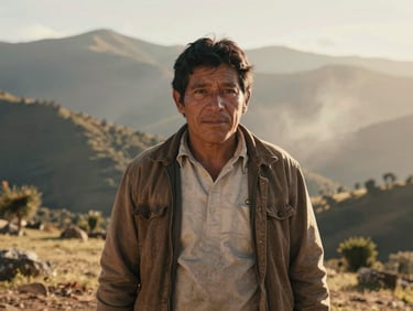 Candid shot of a Latin American man in rustic mountain surroundings, warm natural daylight, authentic and reverent.