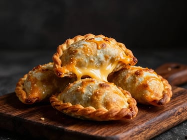 Dramatic macro shot of golden-brown coastal empanadas stacked on a dark wooden board, melting cheese stretching, warm side lighting, dark moody background