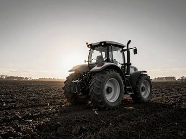 Large-scale modern tractor preparing rich dark soil on an expansive farm landscape at sunrise, dramatic natural side-lighting