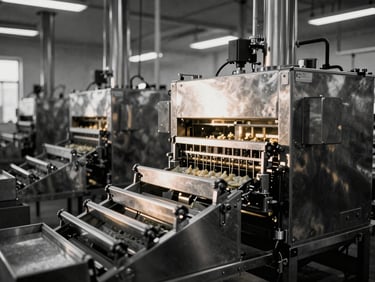 Automated food processing facility interior, stainless steel packaging lines, crisp industrial lighting, medium format film