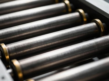 Macro close-up of modern food packaging line rollers, high contrast metallic gold accents, crisp industrial lighting