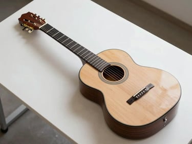 Flat overhead shot of a natural-finish classical guitar on a white workshop table, diffuse north-facing daylight, clean neutral background