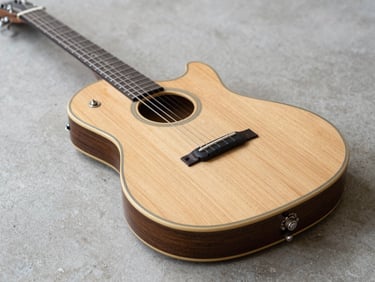 Guitar body resting on a neutral concrete surface, natural daylight from the left, detail shot of the soundhole and top grain, no people, clean studio-like feel