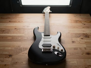 Flat overhead shot of a black solid-body electric guitar on a neutral wooden workbench, bright studio light from above, no people