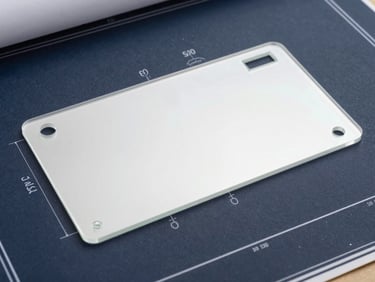 Flat-lay of a clear laser-cut acrylic template with etched dimensions resting on a dark blueprint
