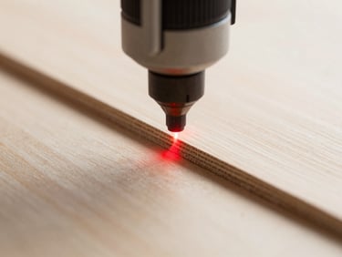 Macro close-up of a laser head cutting through thick birch plywood, bright red laser spark, clean edges