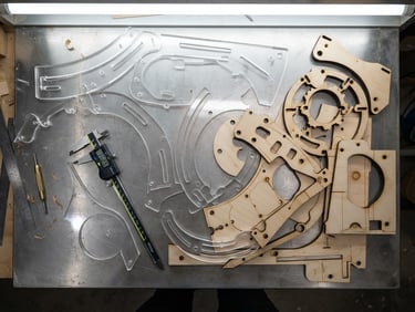 Overhead flat-lay of custom-cut acrylic and plywood routing templates resting on a clean steel workshop table, technical calipers nearby, cold industrial lighting.