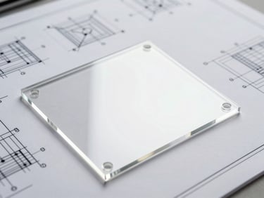 Polished transparent acrylic template with laser-cut mounting holes, resting on a technical blueprint