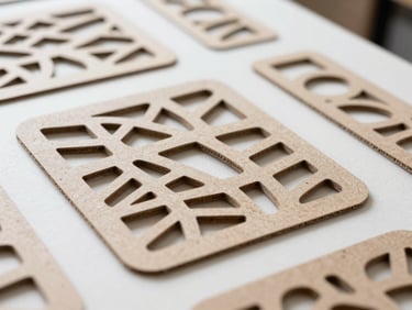 Laser-cut heavy cardboard and natural leather templates showing highly detailed intricate cuts