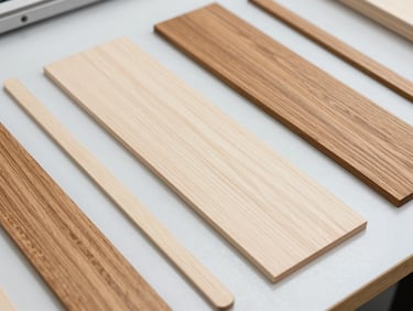 Overhead flat-lay of custom laser-cut birch plywood and oak wood templates on a clean industrial desk