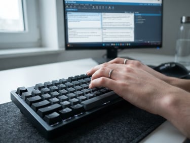 Close-up of hands typing on a mechanical keyboard with Wordfast interface visible on a screen in the background, cool daylight, shallow depth of field, minimal slate and blue tones.