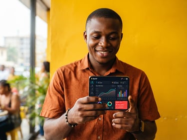 A clean, modern smartphone mockup displaying the StarKif SaaS dashboard with vibrant sales charts and inventory alerts, held by a young African entrepreneur, bright yellow studio background, high contrast, 35mm lens.