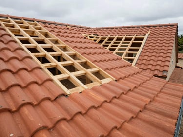 Wide environmental shot of a house mid-reroofing, bare timber battens exposed on one half and fresh terracotta tiles laid on the other, overcast southern France light, no workers visible